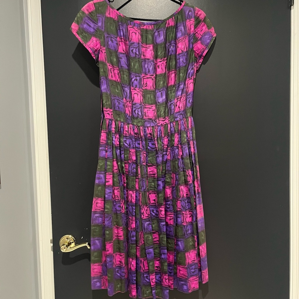 1960s Handmade Purple Pink Green Checkered Dress with Pleated Skirt vintage - Picture 2 of 5